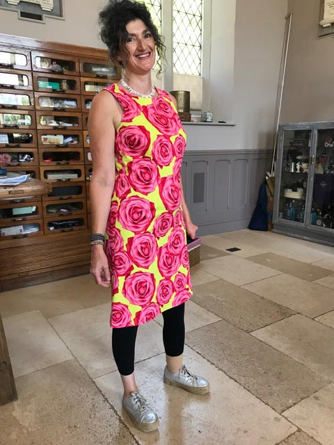 hot pink and acid yellow rose print stretch cotton sateen shift dress made from Wendy Ward's book The Beginner's Guide to Dressmaking