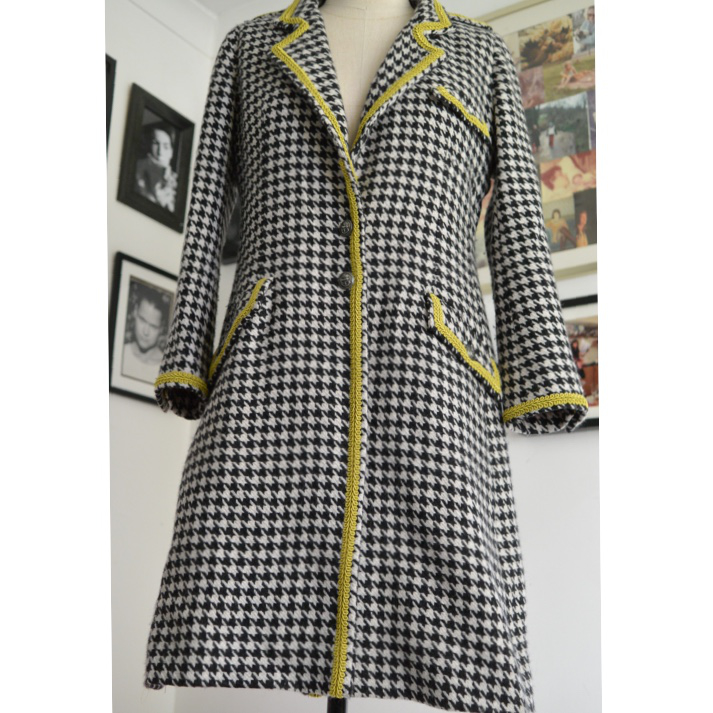 supersoft wool tweed dogtooth check coat with epaulettes and gimp trim