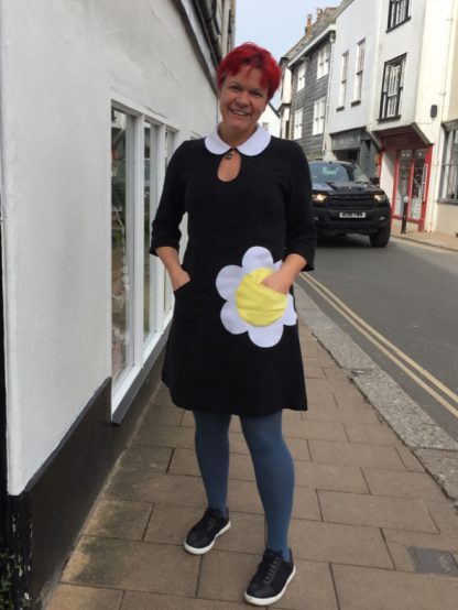 mary quant black and white dress with daisy shaped pocket