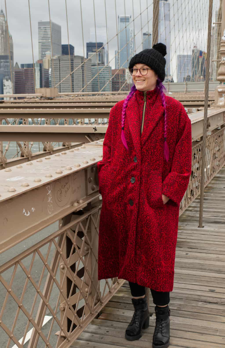 Le 809 dp studio coat with incorporated gillet in red and black  leopard coating