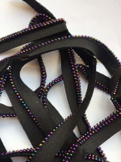 Black and iridescent petrol and Plum glass beaded edge bias binding ready-made piping