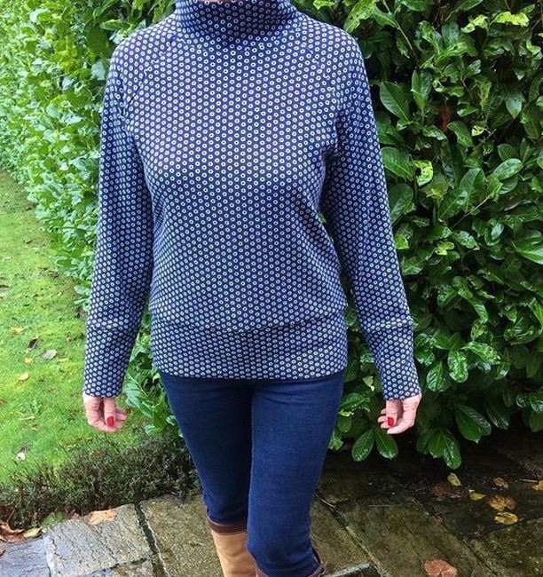 navy and white spotty double knit jumper