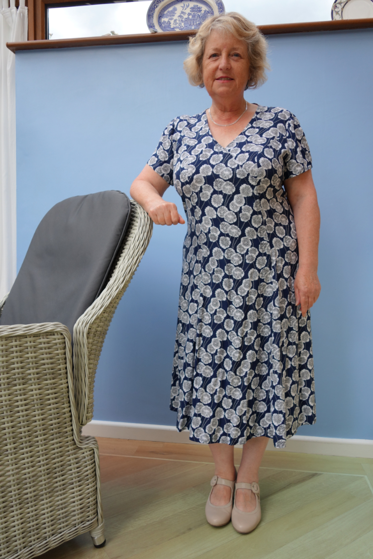 blue and white viscose lawn flared dress