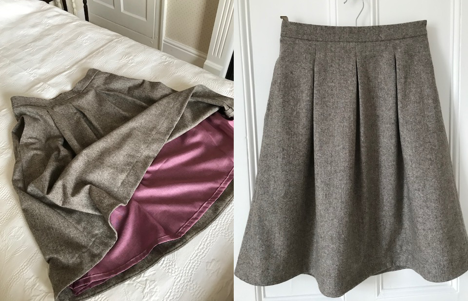 The Assembly Line three pleat skirt made up in washable wool tweed with a contrast pink lining