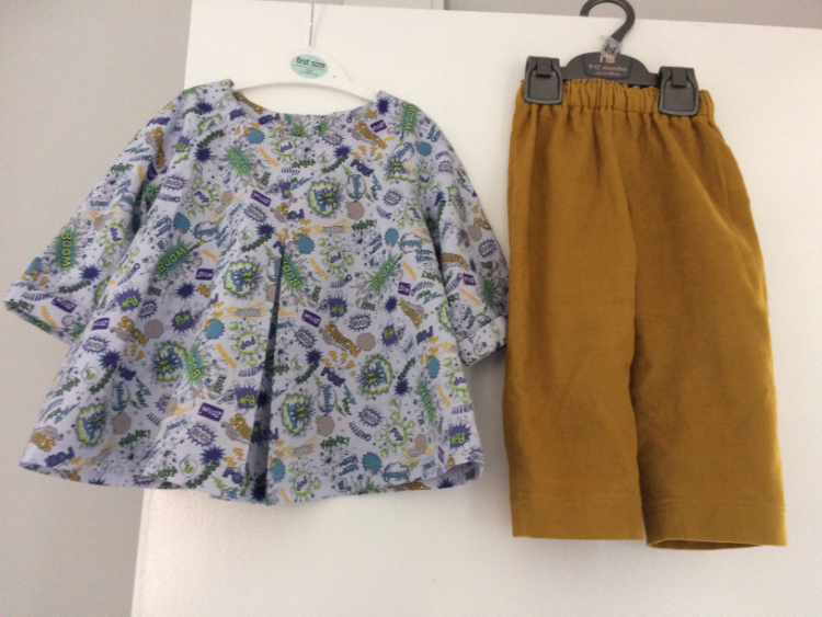 babycord mustard trousers and comic strip print quilting cotton shirt