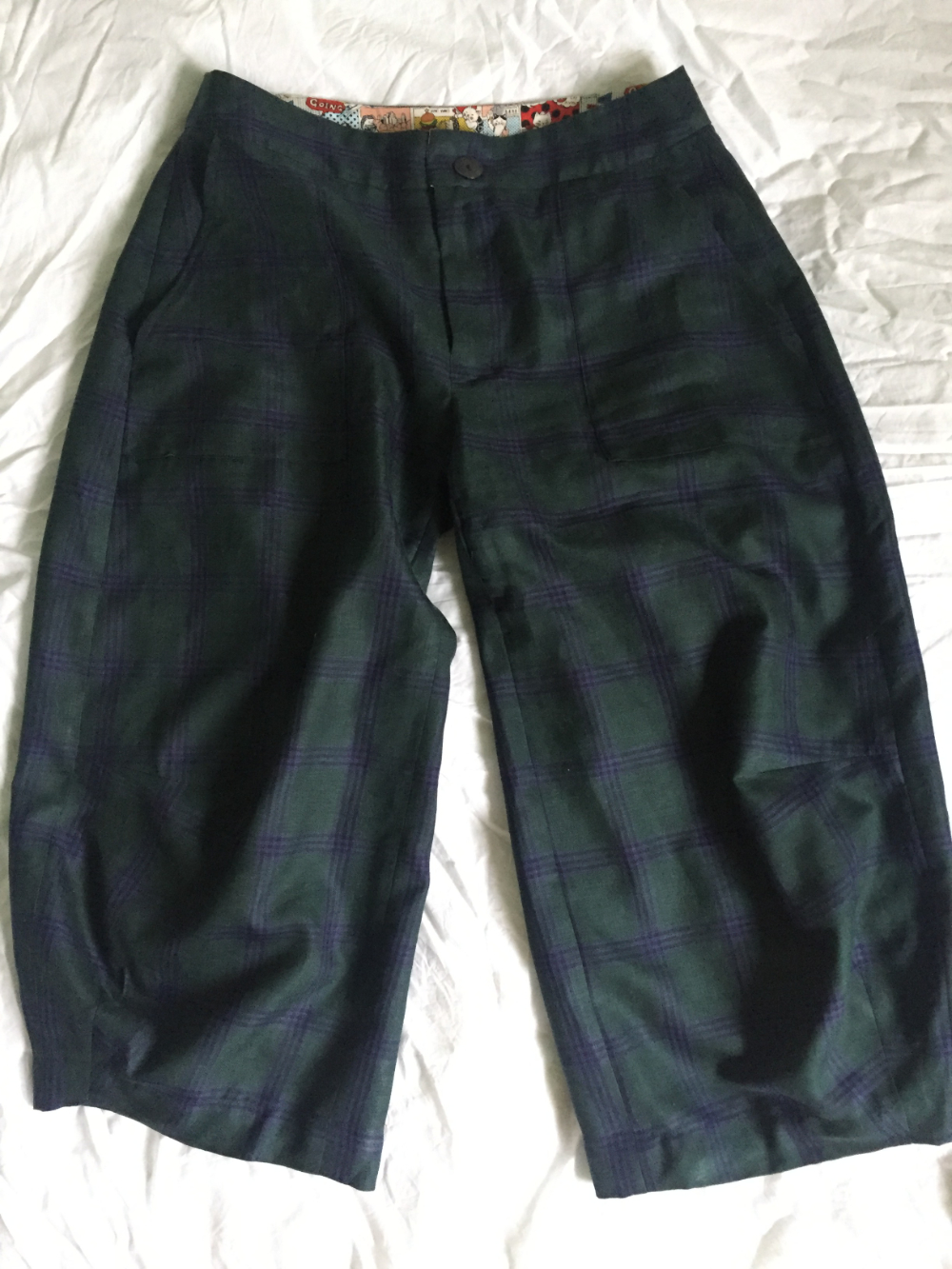 green and blue tartan linen wool and silk worsted suiting cropped trousers