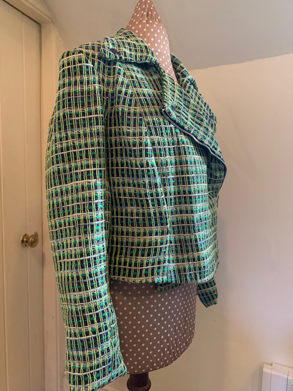 linton tweed biker jacket side view made by Jayne Davie