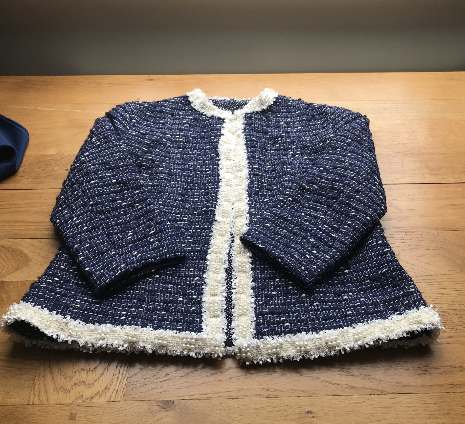 navy coco cardigan jacket with pearl and tweed trim