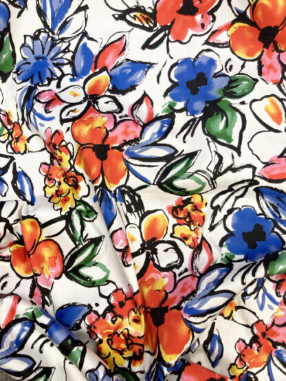 multicolour illustrated floral bold print stretch cotton sateen