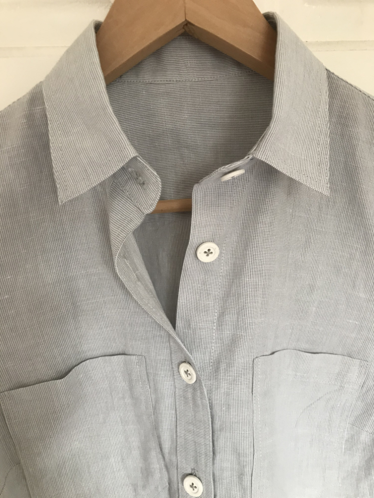 Liesl and Co micro stripe Linen and Cotton Shirt collar detail