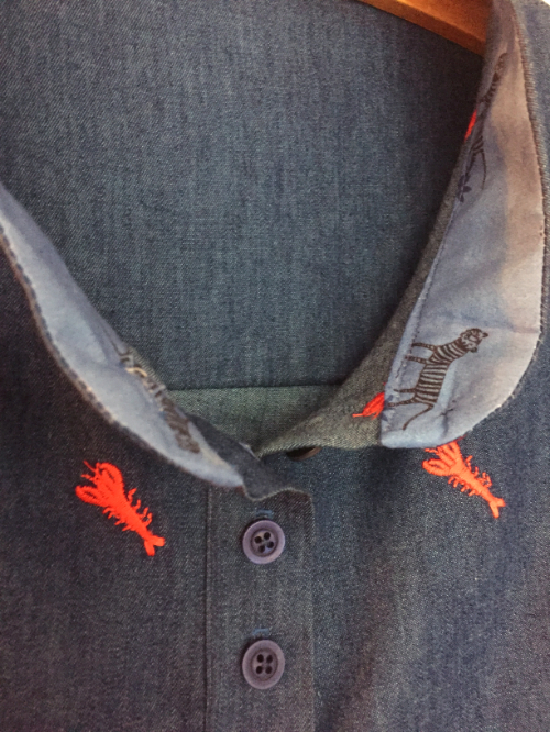 lobster embroidered cotton denim chambray shirt collar detal