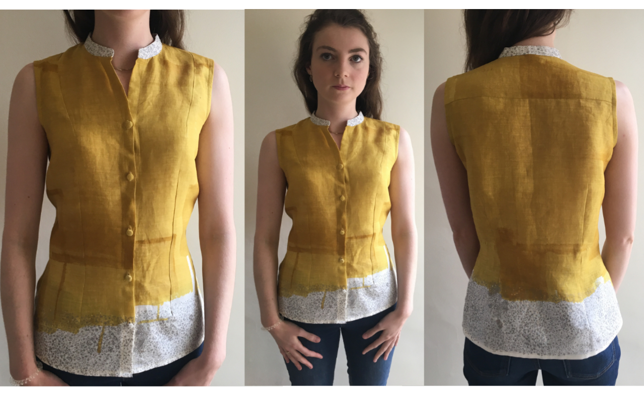 mustard and silver nani iro printed linen sleeveless shirt