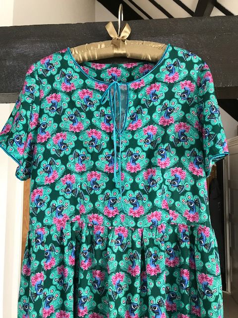 green peacock print viscose gathered dress