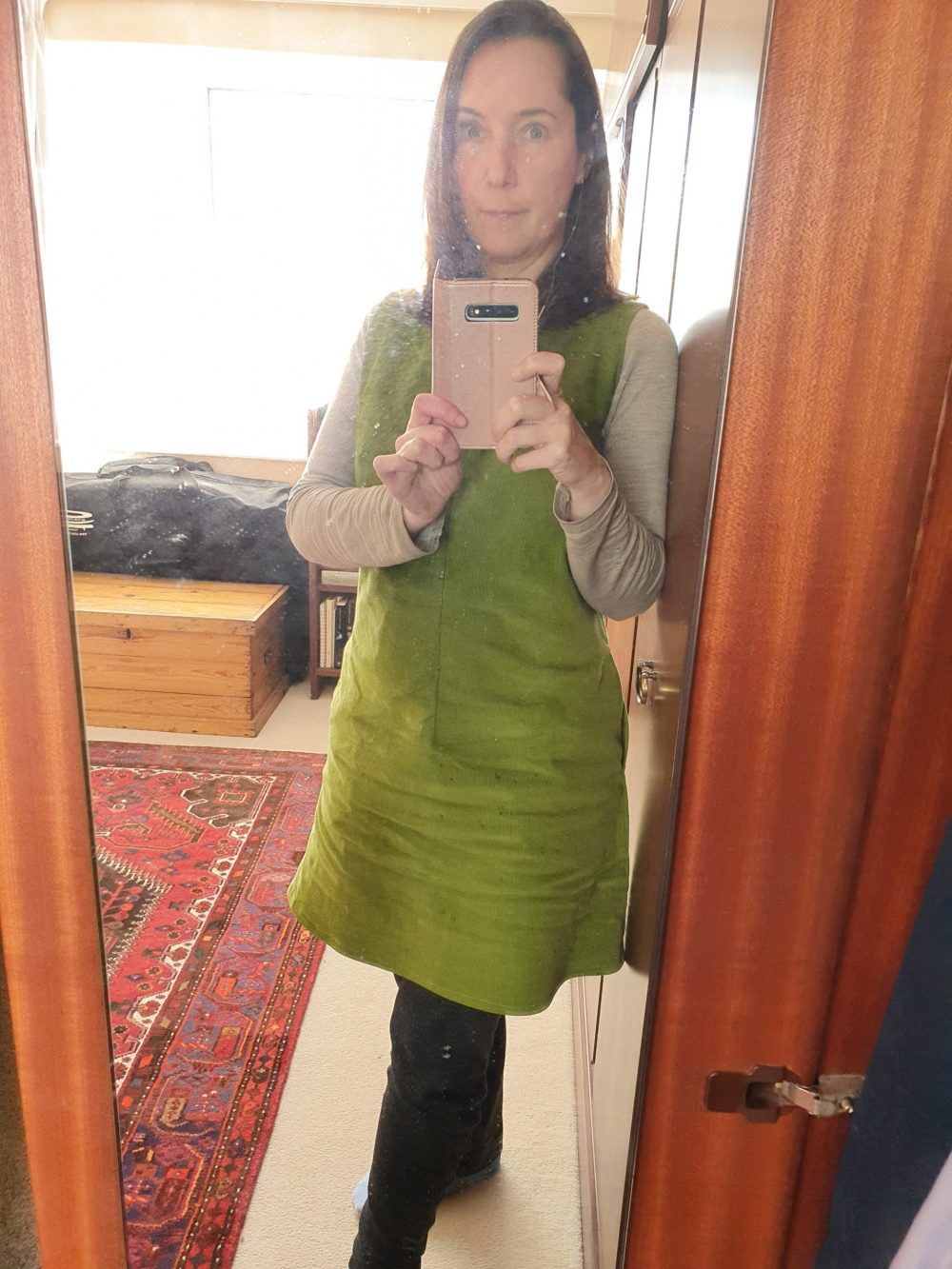 green corduroy pinafore dress