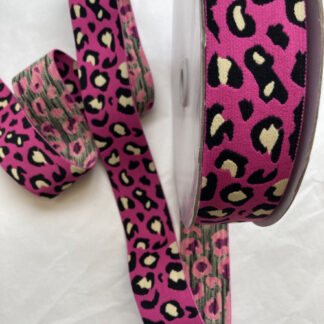 H0675-078 Fuchsia Pink, Black and Cream panther leopard spot patterned 40mm wide soft waistband elastic