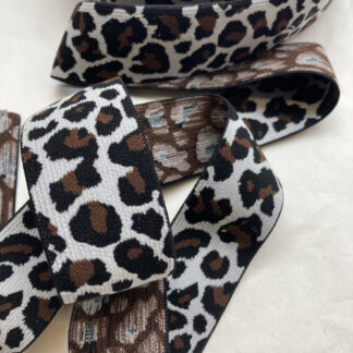 h0675-160 Brown, Black and White panther leopard spot patterned 40mm wide soft waistband elastic