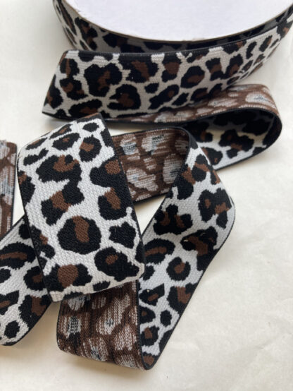 h0675-160 Brown, Black and White panther leopard spot patterned 40mm wide soft waistband elastic