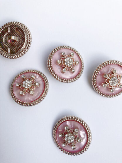 Opalescent Pink, Metallic Gold and "diamond" glass snowflake jewelled Shank Button