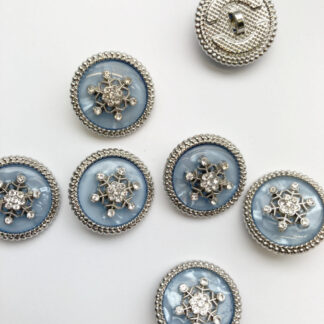 Opalescent Light Blue, Metallic Silver and "diamond" glass snowflake jewelled Shank Button