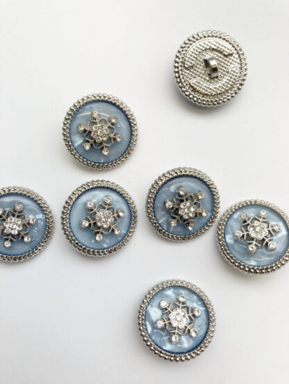 Opalescent Light Blue, Metallic Silver and "diamond" glass snowflake jewelled Shank Button