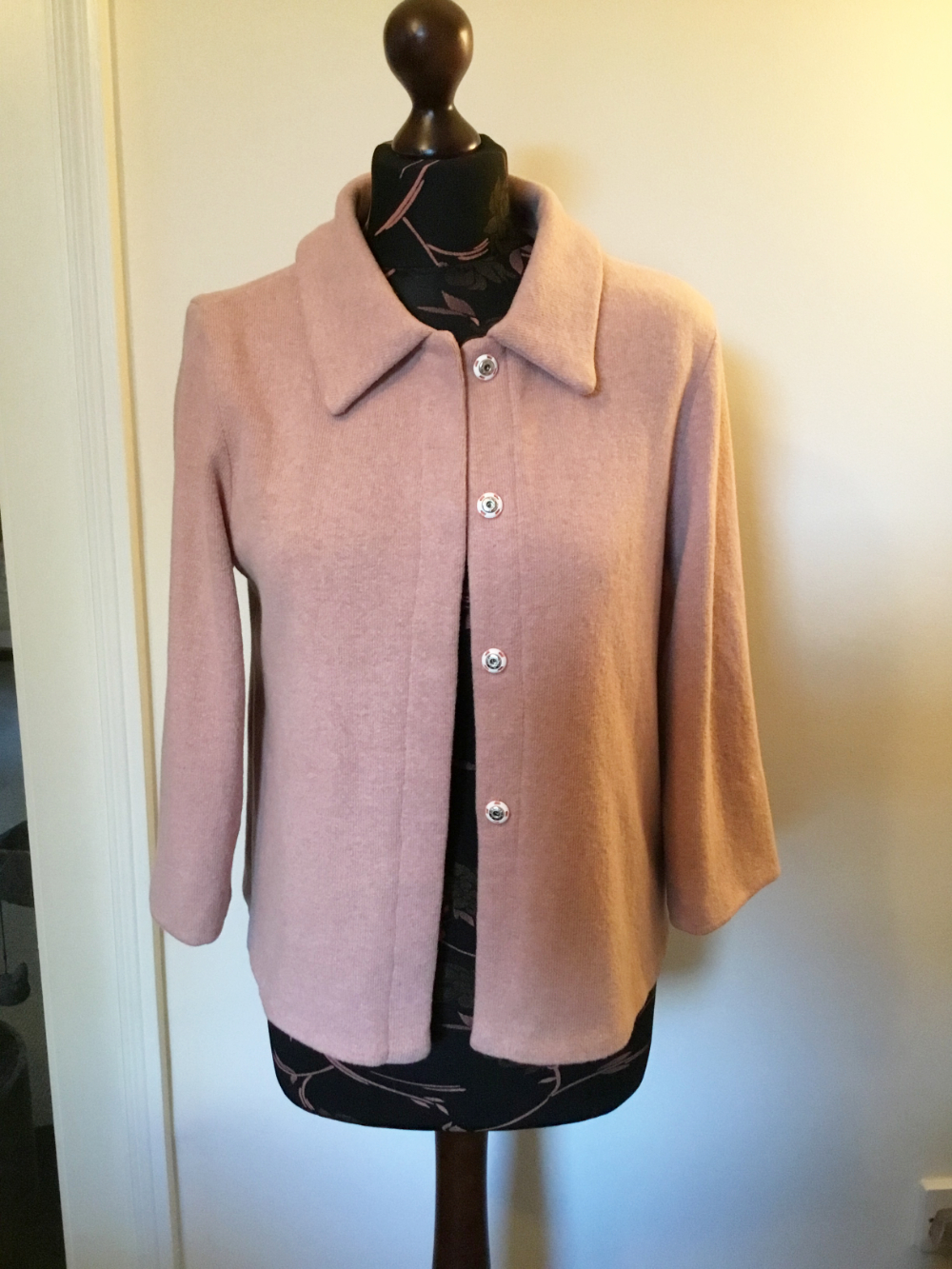 blush pink cotton mix jumper knit jacket with collar and snap fasteners