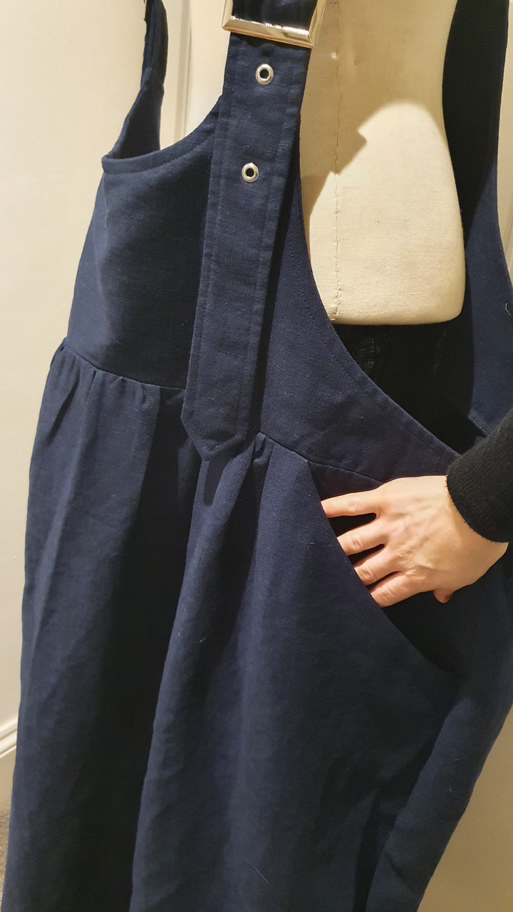 navy enzyme washed linen parachute skirt dungaree dress