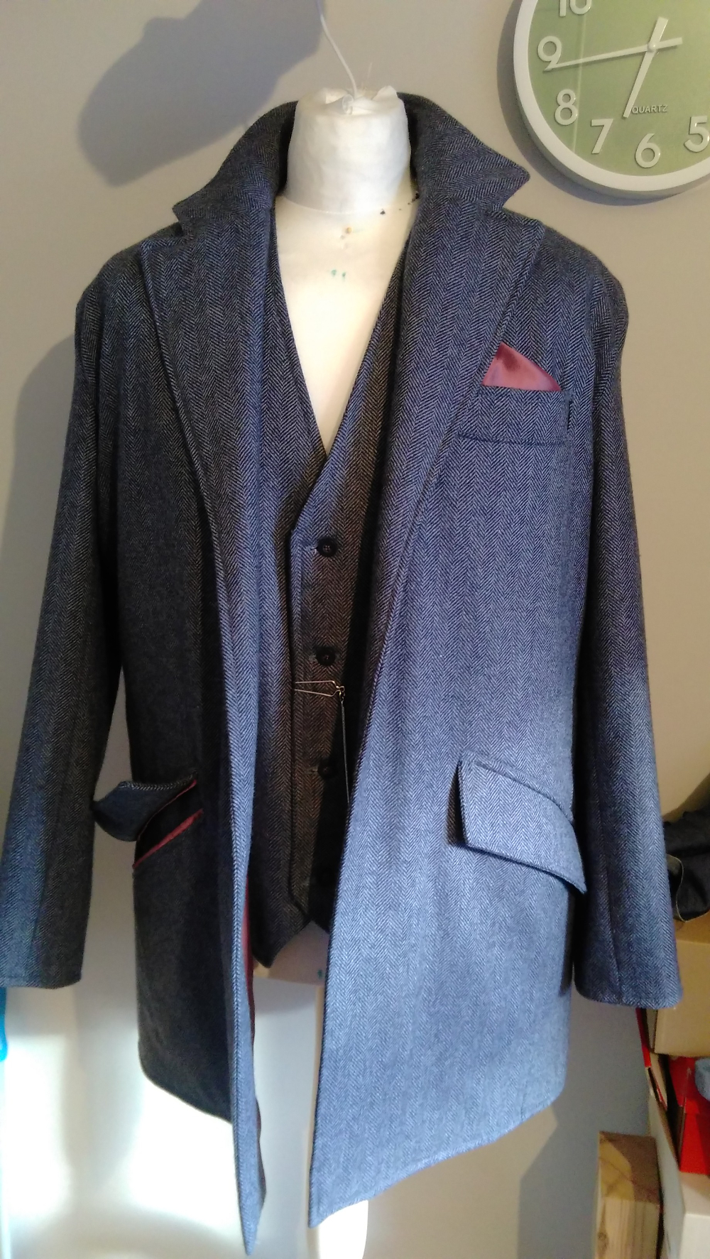 Navy herringbone yorkshire made wool tweed made into man's jacket & waistcoat