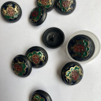 Gunmetal, Brass, Blue Red and Green enamelled paint coat of arms domed metal military button on shank