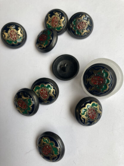 Gunmetal, Brass, Blue Red and Green enamelled paint coat of arms domed metal military button on shank