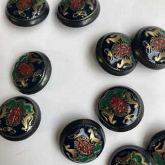 Gunmetal, Brass, Blue Red and Green enamelled paint coat of arms domed metal military button on shank