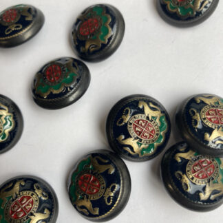 Gunmetal, Brass, Blue Red and Green enamelled paint coat of arms domed metal military button on shank