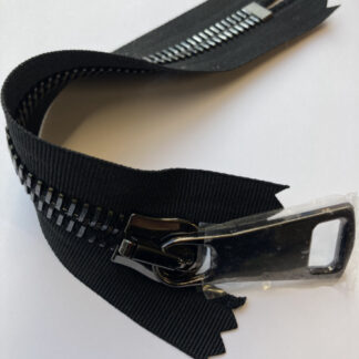 Black grosgrain extra wide tape with with blackened metal extra large polished chunky teeth decorative and strong closed end zip. Teeth width - 12mm