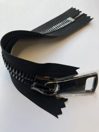 Black grosgrain extra wide tape with with blackened metal extra large polished chunky teeth decorative and strong closed end zip. Teeth width - 12mm