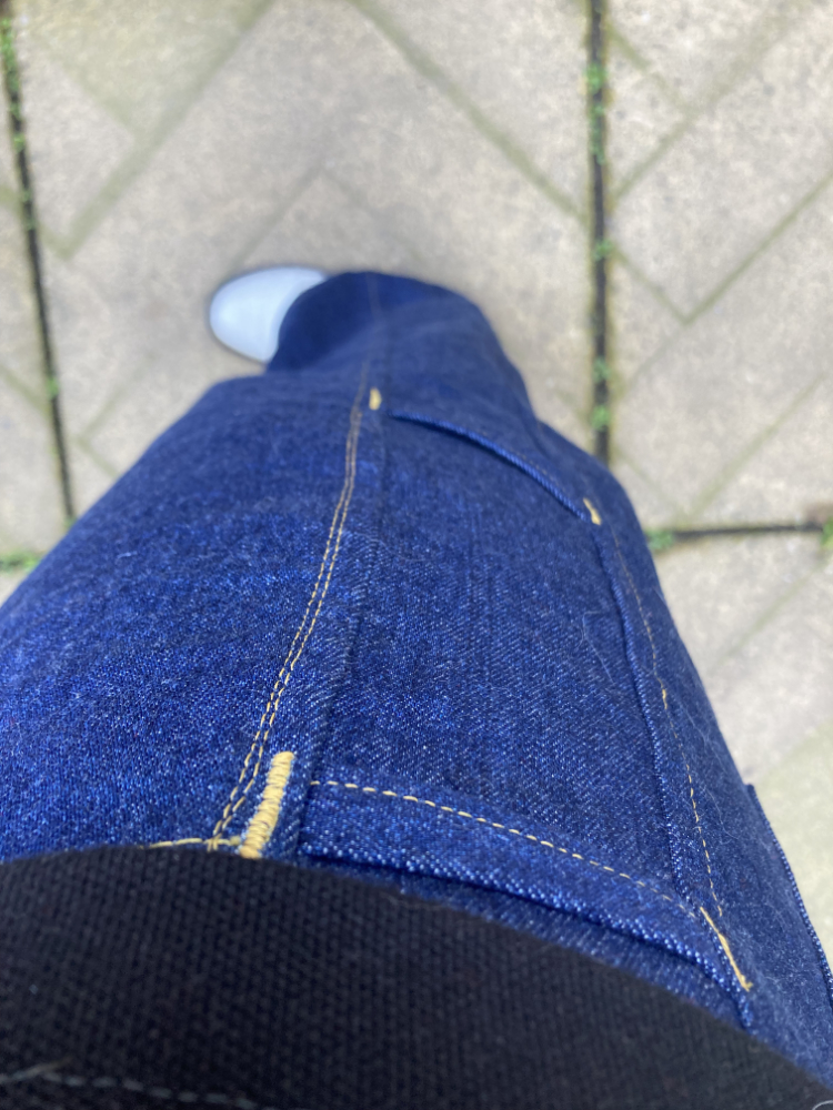 10oz indigo cotton denim narcisse pants - inside showing side panel carpenter tabs (beacause you never know when you might need to hang a hammer off your jeans)