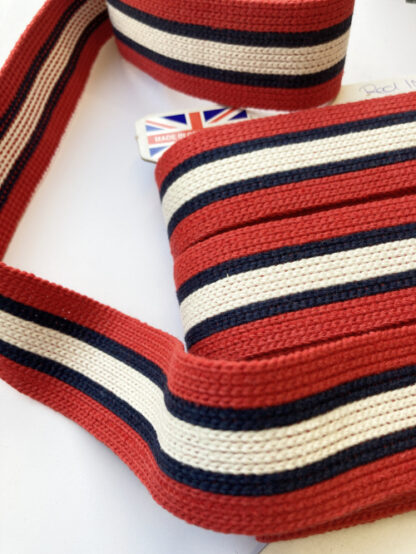 Red Navy and Ecru stripe Cotton Webbing