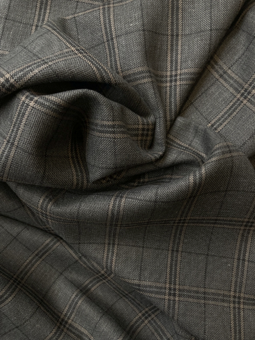 Grey, Taupe and Black 7.5cm check 53% Polyester 31% Linen 16% Wool lightweight Worsted Suiting