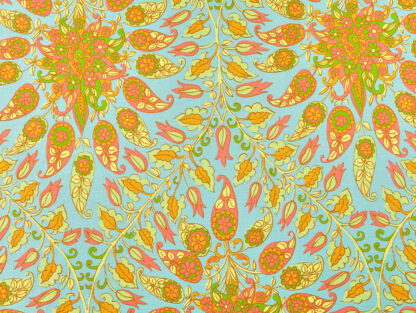 11986 big photo of aqua lime orange and yellow big paisley print textured bark cloth stretch cotton