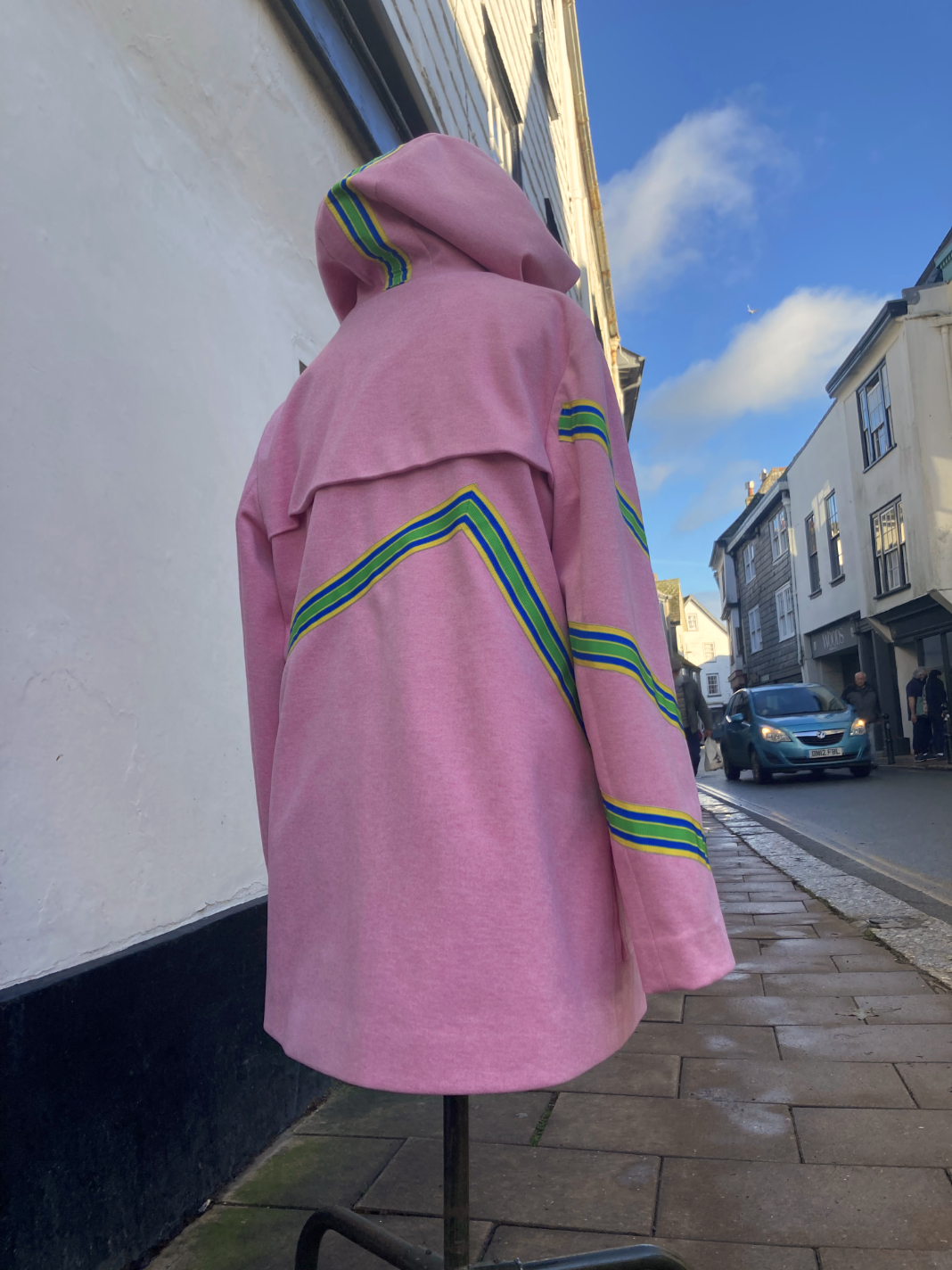 Back detail of Kelly Anorak made up in pink sorona fibre coating and trimmed with grosgrain ribbon