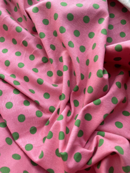 Pink and green polka dot spot print cotton and elastane jersey