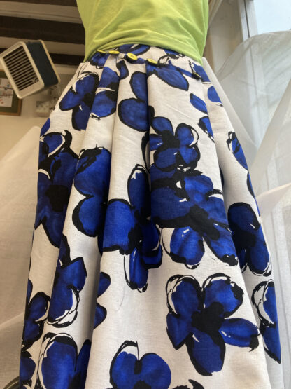 cobalt blue, black and white big bold graphic floral print medium weight linen and cotton