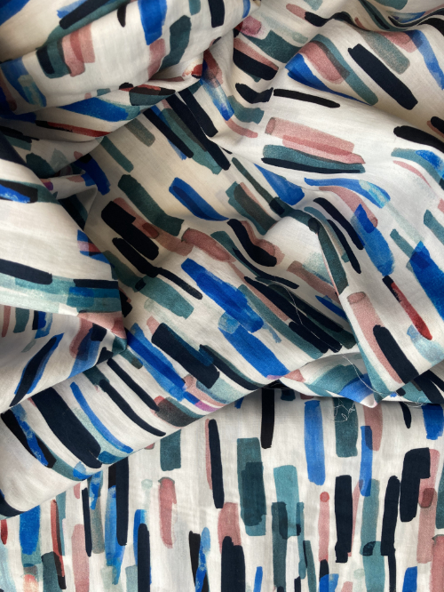 White, Teal,  Dusky Pink & Royal Blue paint stroke print Cotton Lawn fine Shirting