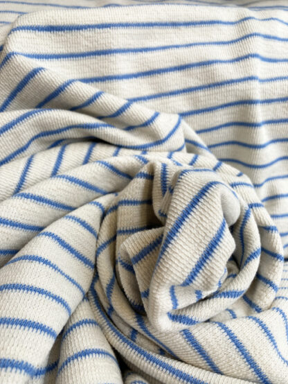 Sky Blue and Ecru Breton stripe Cotton Mix french terry towelling textured medium weight Jersey (13mm repeat)