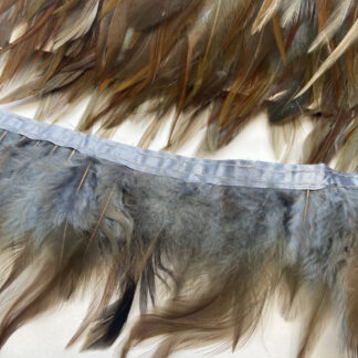 Grey and Tan tipped Chicken feather Trim with satin binding