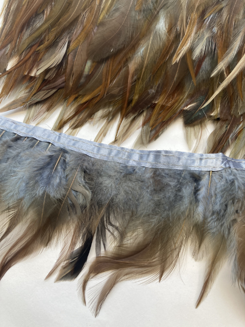 Grey and Tan tipped Chicken feather Trim with satin binding