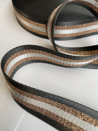 Dark Grey, Metallic Copper and Silver Grey stripe Nylon bag /belt strap Webbing