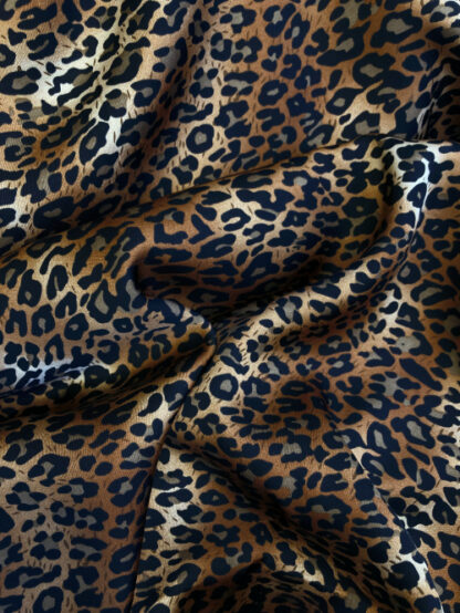 Conker Brown, Black and Camel leopard animal print 100% Viscose Satin