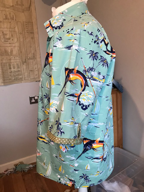 marlin print cotton and linen tropical shirt- side view