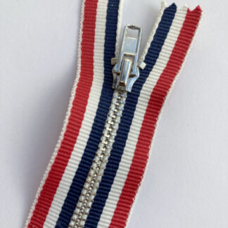 Navy Blue, White and Red decorative grosgrain tape with metal teeth closed end Zip