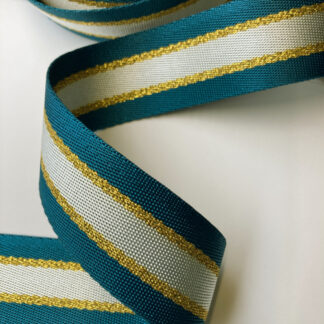 Peacock Blue, Metallic Gold and Silver Grey stripe Nylon bag /belt strap Webbing