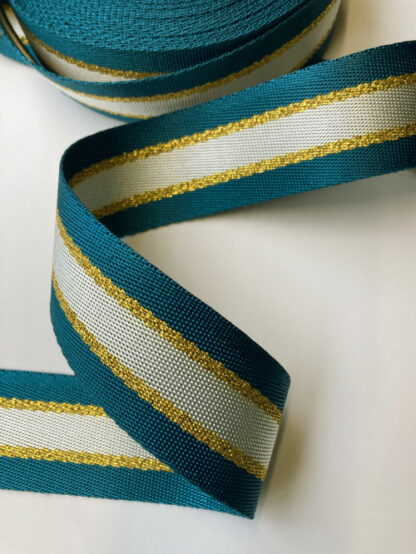 Peacock Blue, Metallic Gold and Silver Grey stripe Nylon bag /belt strap Webbing